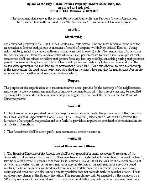 Bylaws High Gabriel Estates Property Owners Association, Leander