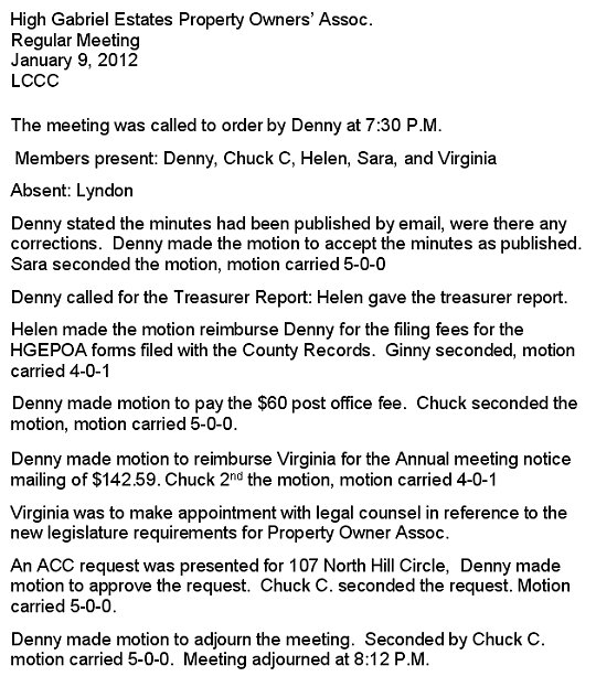 HGEPOA January 9, 2012 - Meeting Minutes