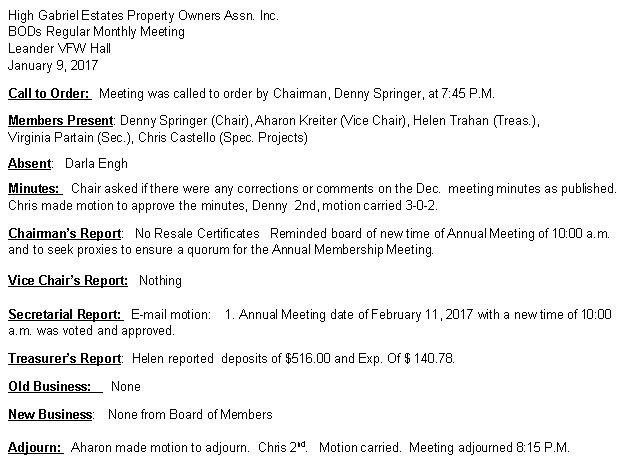 HGEPOA Regular Meeting - January 9, 2017 - Meeting Minutes