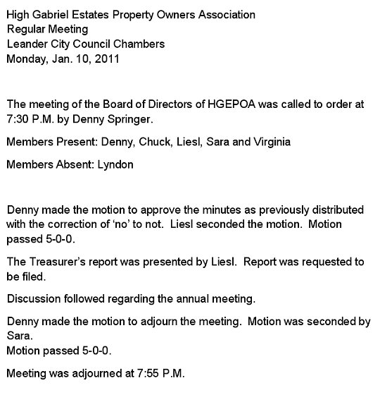 HGEPOA January 10, 2011 - Meeting Minutes