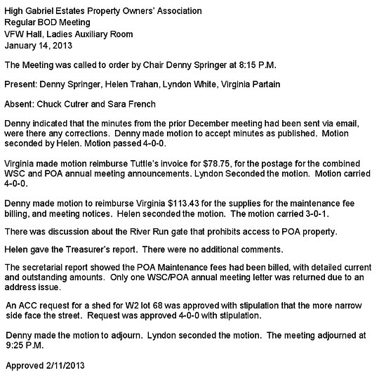 HGEPOA January 14, 2013 - Meeting Minutes