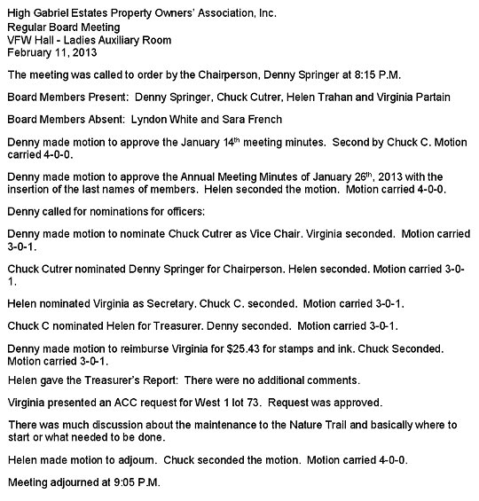 HGEPOA February 11, 2013 - Meeting Minutes