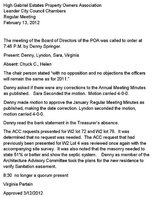 HGEPOA February 13, 2012 - Meeting Minutes