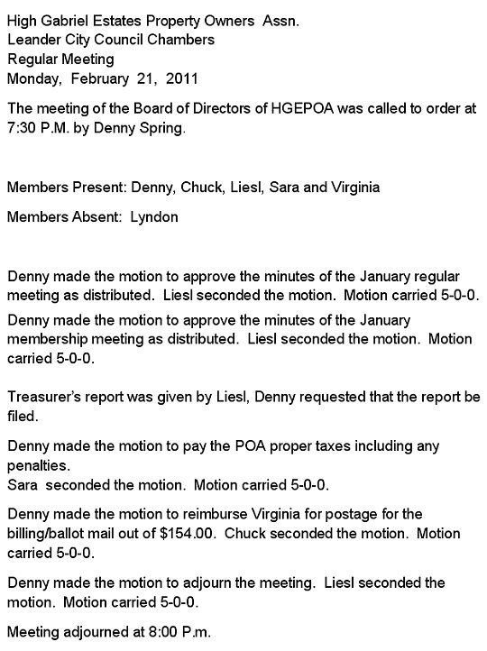 HGEPOA February 21, 2011 - Meeting Minutes