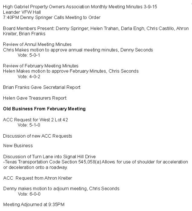 HGEPOA Regular Meeting - March 9, 2015 - Meeting Minutes