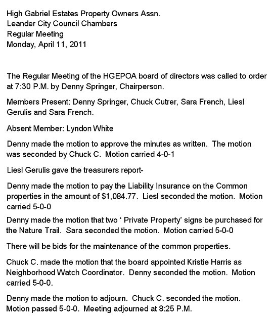 HGEPOA April 11, 2011 - Meeting Minutes