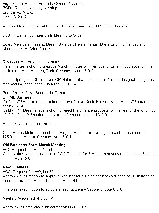 HGEPOA Regular Meeting - April 13, 2015 - Meeting Minutes