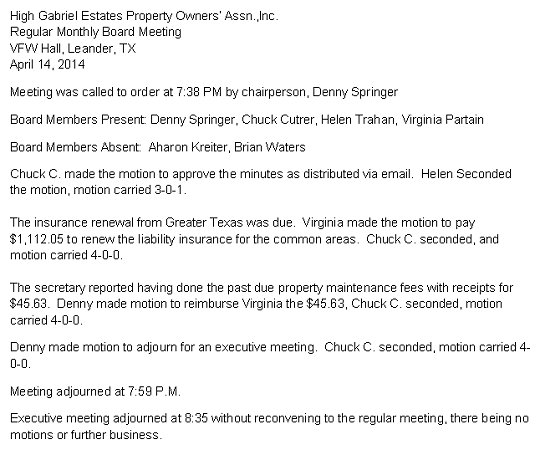 HGEPOA Regular Meeting - April 14, 2014 - Meeting Minutes