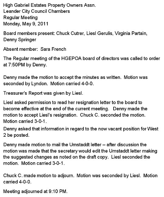 HGEPOA May 9, 2011 - Meeting Minutes