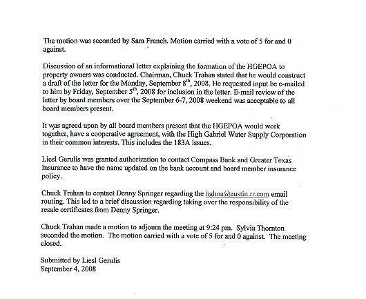 HGEPOA September 3, 2008 - Meeting Minutes