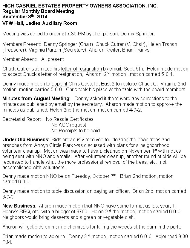 HGEPOA Regular Meeting - September 8, 2014 - Meeting Minutes