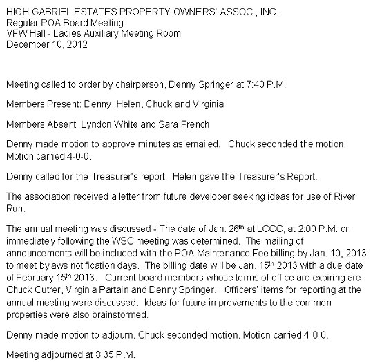 HGEPOA December 10, 2012 - Meeting Minutes