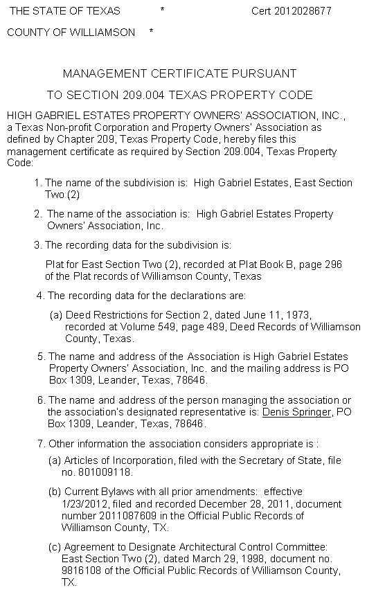 High Gabriel Estates Management Certificate - East 2