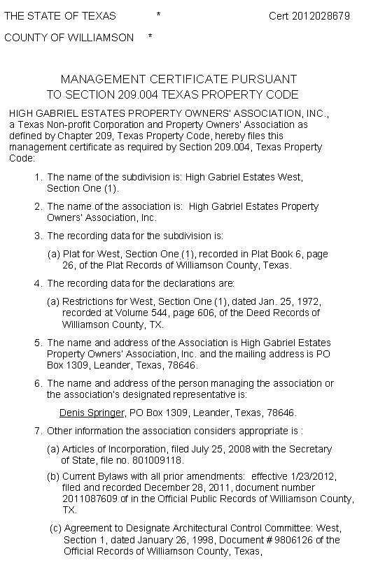 High Gabriel Estates Management Certificate - West 1