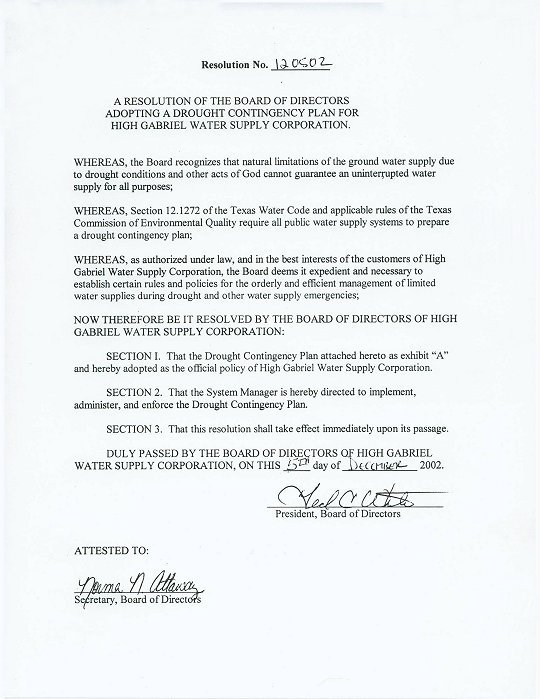 HGWSC Drought Contingency Plan Resolution