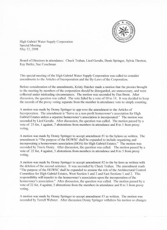 High Gabriel WSC - Board of Directors Meeting Minutes - May 12, 2008 - Special Meeting Page 1