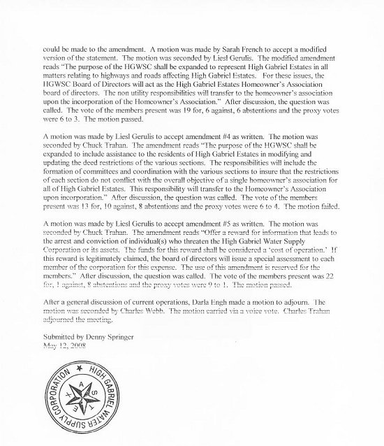 High Gabriel WSC - Board of Directors Meeting Minutes - May 12, 2008 - Special Meeting Page 2<