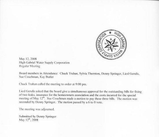 High Gabriel WSC - Board of Directors Meeting Minutes - May 12, 2008 - Regular Meeting