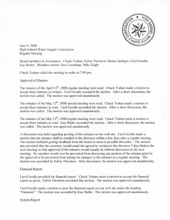 High Gabriel WSC - Board of Directors Meeting Minutes - June 8, 2008 - Regular Meeting Page 1