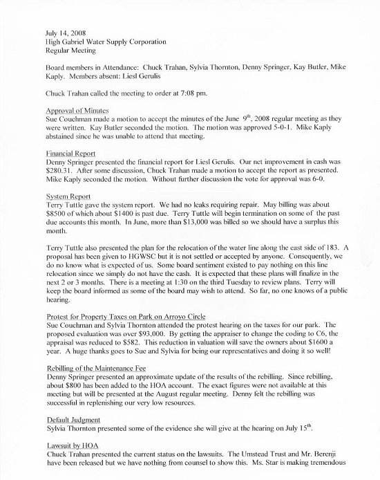 High Gabriel WSC - Board of Directors Meeting Minutes - July 14, 2008 - Regular Meeting Page 1