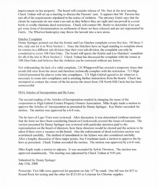 High Gabriel WSC - Board of Directors Meeting Minutes - July 14, 2008 - Regular Meeting Page 2