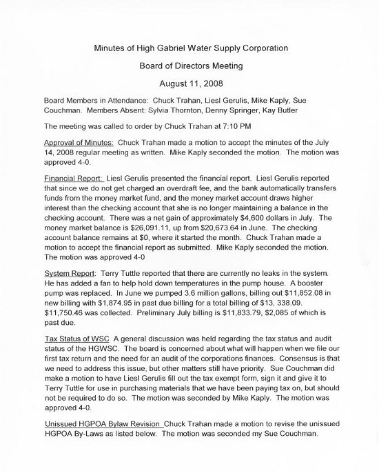 High Gabriel WSC - Board of Directors Meeting Minutes - August 11, 2008 - Regular Meeting Page 1