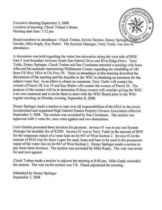 High Gabriel WSC - Board of Directors Meeting Minutes - September 3, 2008 - Executive Meeting