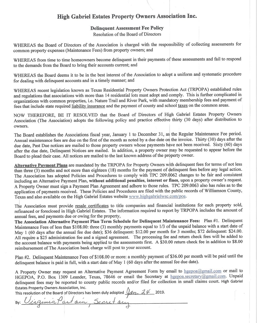 HGEPOA Delinquency Assessment Fee Policy