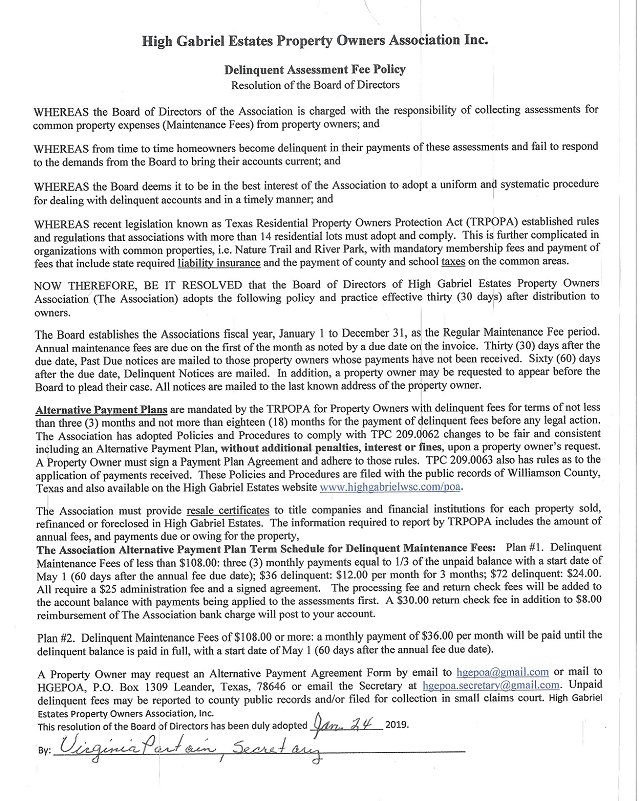 HGEPOA Delinquency Assessment Fee Policy