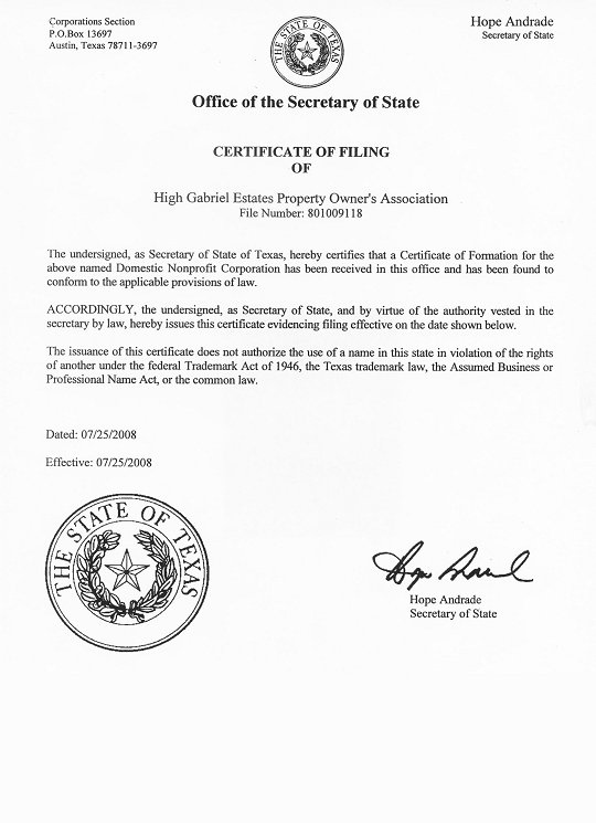 HGEPOA Articles of Incorporation - Page 1