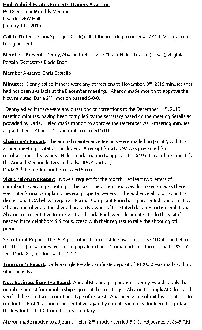 HGEPOA Regular Meeting - January 11, 2016 - Meeting Minutes