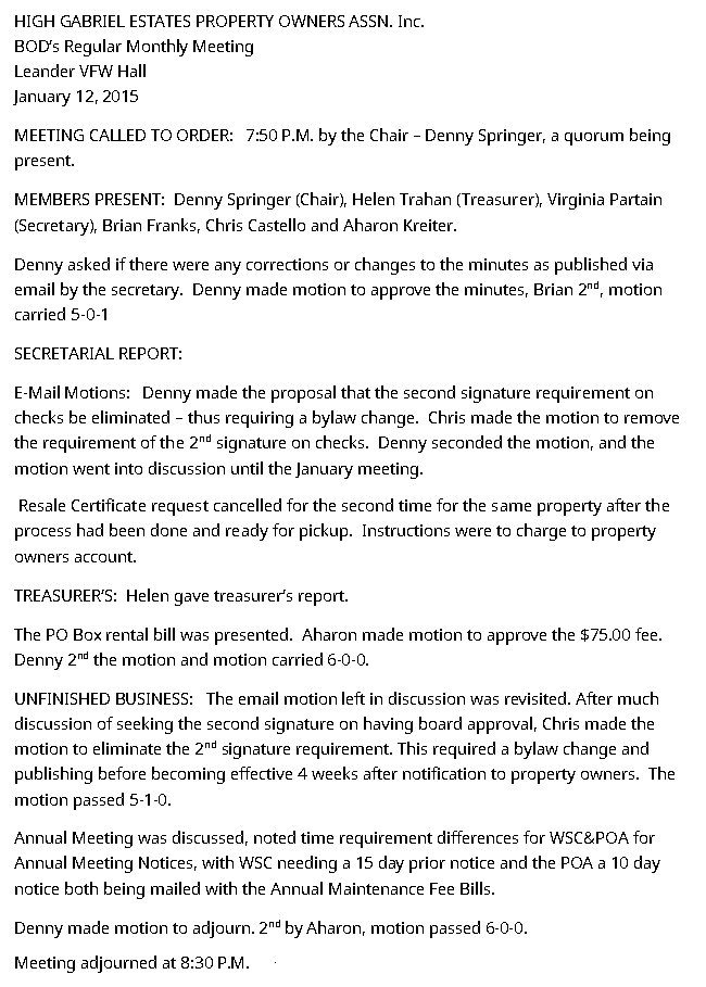 HGEPOA Regular Meeting - January 12, 2015 - Meeting Minutes