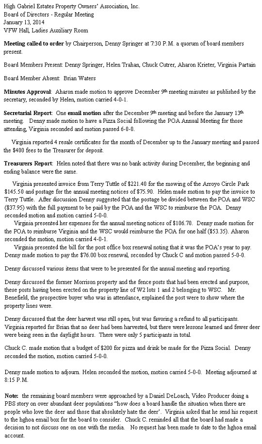 HGEPOA Regular Meeting - January 13, 2014 - Meeting Minutes