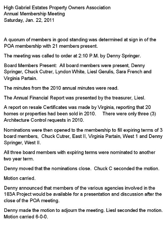 HGEPOA 2011 Annual Meeting - January 22, 2011 - Meeting Minutes