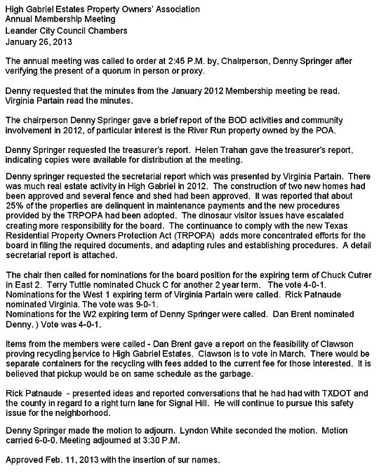 HGEPOA January 26, 2013 - Annual Meeting Minutes