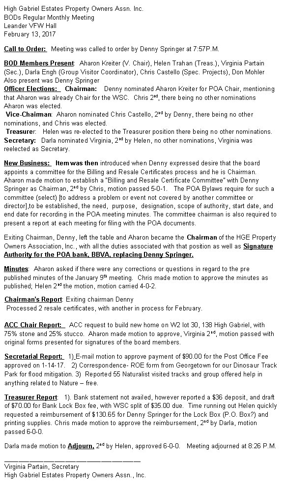 HGEPOA Regular Meeting - February 13, 2017 - Meeting Minutes