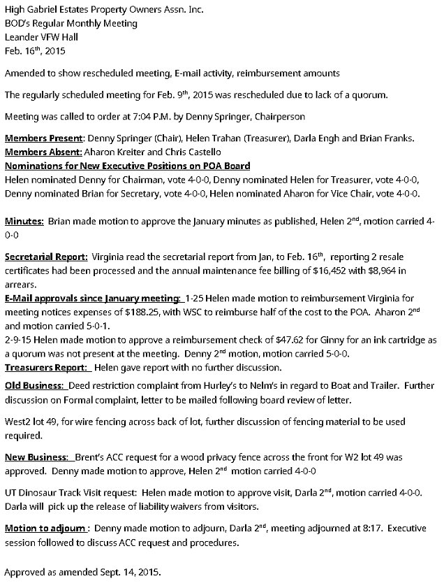HGEPOA Regular Meeting - February 15, 2015 - Meeting Minutes
