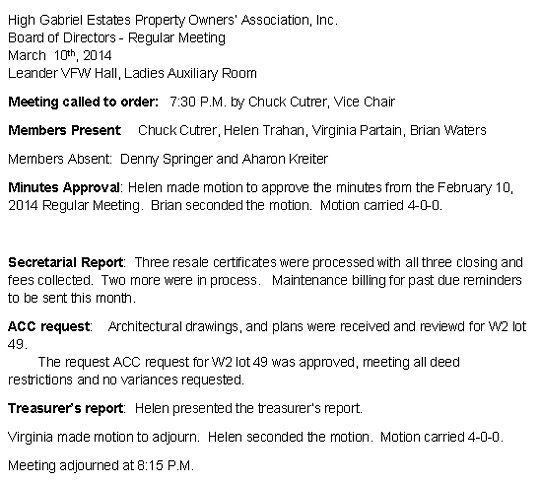 HGEPOA Regular Meeting - March 10, 2014 - Meeting Minutes