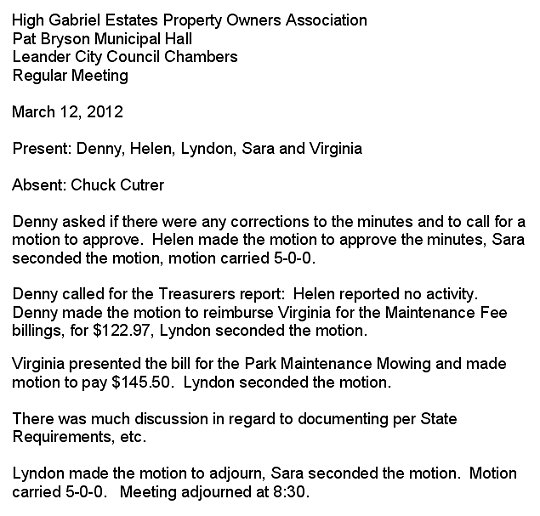 HGEPOA March 12, 2012 - Meeting Minutes