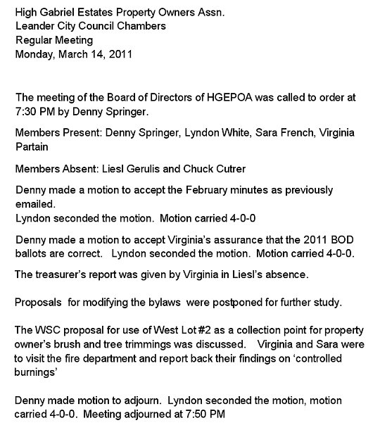 HGEPOA March 14, 2011 - Meeting Minutes