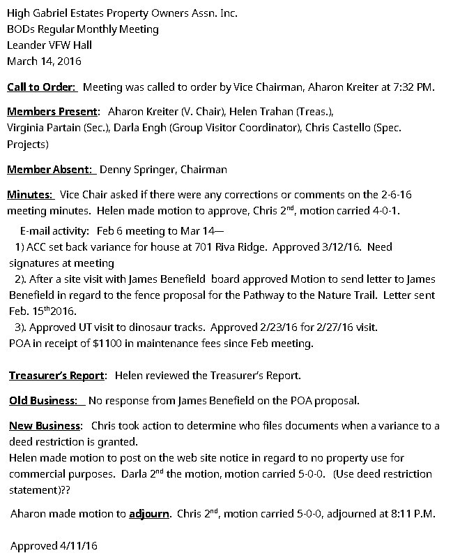 HGEPOA Regular Meeting - March 14, 2016 - Meeting Minutes