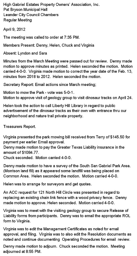 HGEPOA April 9, 2012 - Meeting Minutes