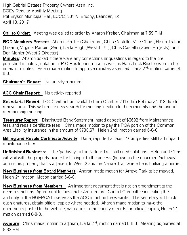 HGEPOA Regular Meeting - April 10, 2017 - Meeting Minutes