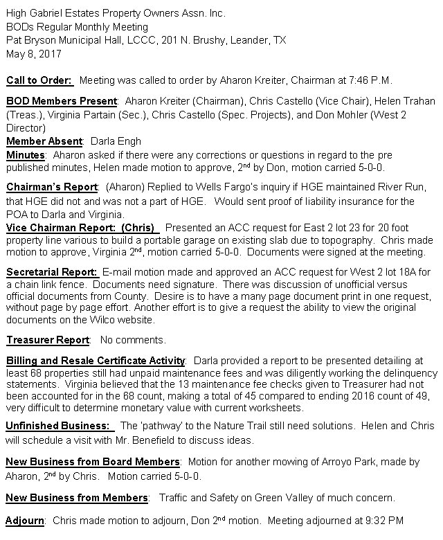 HGEPOA Regular Meeting - May 8, 2017 - Meeting Minutes