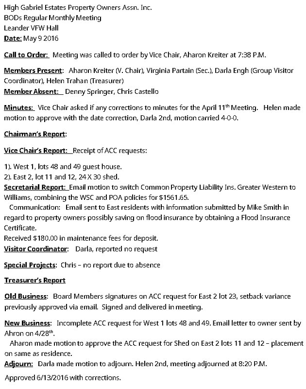 HGEPOA Regular Meeting - May 9, 2016 - Meeting Minutes