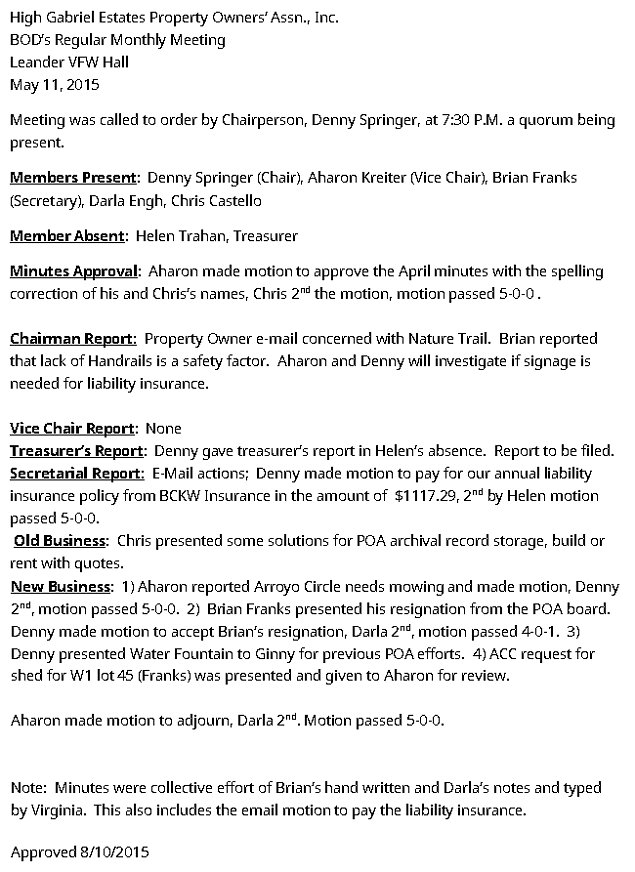 HGEPOA Regular Meeting - May 11, 2015 - Meeting Minutes