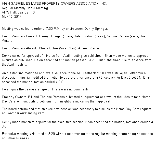 HGEPOA Regular Meeting - May 12, 2014 - Meeting Minutes