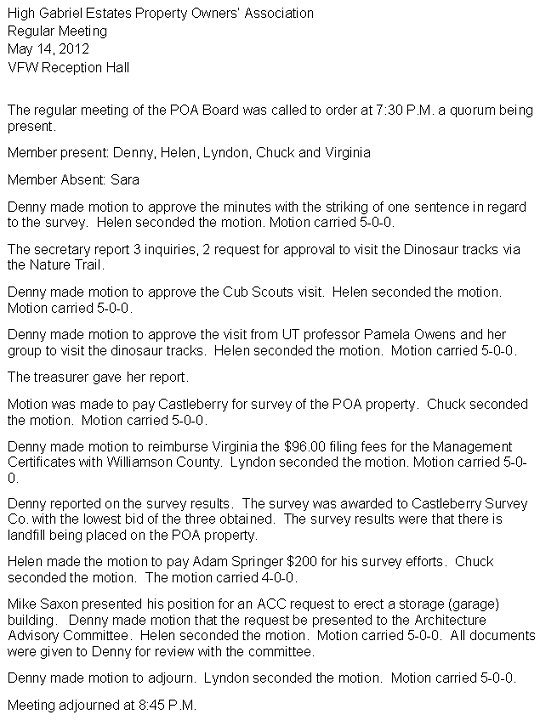 HGEPOA May 14, 2012 - Meeting Minutes