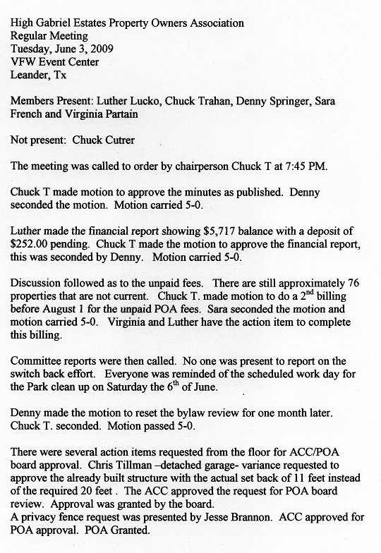 HGEPOA June 3, 2009 - Meeting Minutes