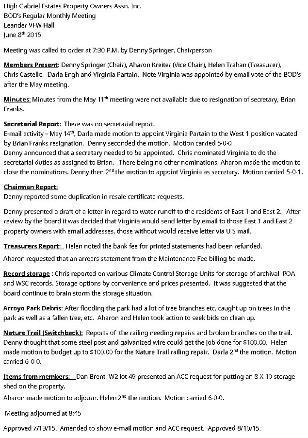 HGEPOA Regular Meeting - June 8, 2015 - Meeting Minutes